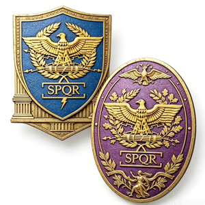 Emblema de Águila Romana SPQR, Chapado en Oro, Latón, Esmalte Duro, Arte Antiguo Coleccionable, Forma Rectangular - Product Image 1