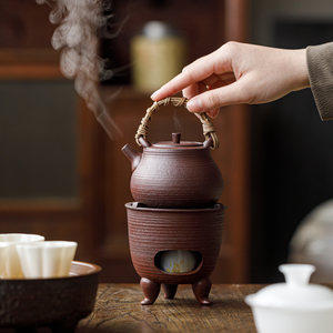 Ensemble chauffe-thé en poterie rustique Guanlan avec poignée, réchaud à alcool rétro chinois, portable pour le camping en extérieur - Product Image 1