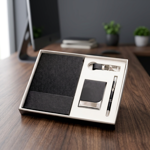 Ensemble cadeau d'affaires en cuir PU noir, carnet, stylo métallique, porte-clés, porte-cartes - Product Image 5