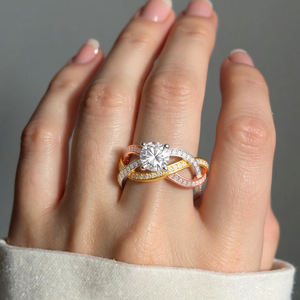 럭셔리 925 스털링 실버 약혼 고급 보석 쓰리 톤 얽힌 라운드 블링 큐빅 지르코니아 결혼 반지 여성용 - Product Image 6