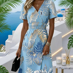 Nuevo Vestido Midi Floral Vintage 3D 2026 - Elegante Vestido de Manga Corta <span class=keywords><strong>con</strong></span> Cuello en V, <span class=keywords><strong>Falda</strong></span> Amplia y Estilizadora para Venta al por Mayor de Moda - Product Image 1