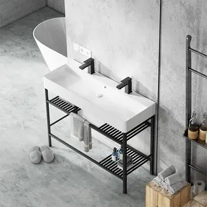 Tocador de baño de cerámica rectangular, lavamanos modernos con doble agujero, OEM ODM personalizado