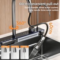 Évier de cuisine professionnel en acier inoxydable 304 PVD noir, cuve unique profonde, cascade, commande tactile intelligente, filtre anti-débris