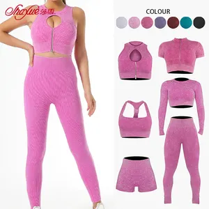 Sand Washing Seamless Activewear Sports Tops And High Waist Legging Gym Fitness Sets For Women 5 Pieces Seamless Yoga Set