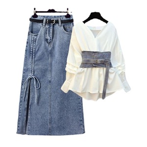 Completo Primaverile <span class=keywords><strong>Donna</strong></span> WQZ26029 Nuovo Arrivo 2026 <span class=keywords><strong>Abbigliamento</strong></span> <span class=keywords><strong>Donna</strong></span> <span class=keywords><strong>Taglie</strong></span> <span class=keywords><strong>Forti</strong></span> Design di Nicchia Camicia con Cintura e Gonna in Denim - Product Image 2