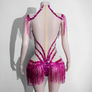 Justaucorps rose magenta à franges de strass Cyber Pop pour festival de musique, scène, diva, drag queen, artiste, costume de spectacle - Product Image 2