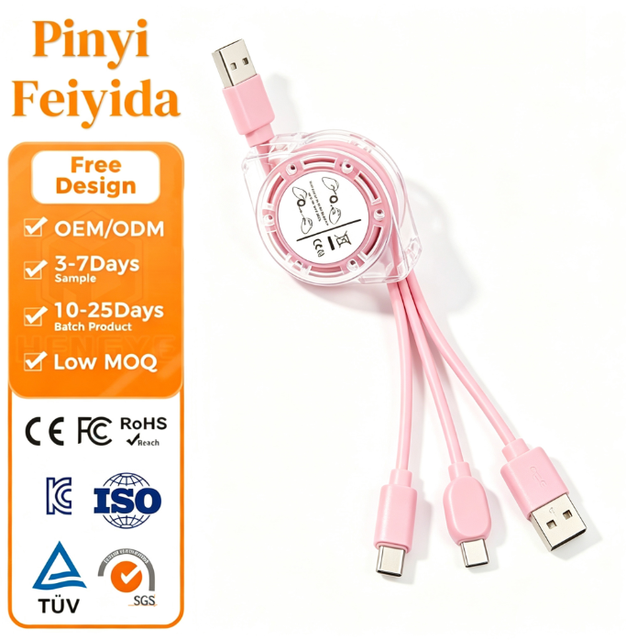 3 in 1 Retractable Multi Interface USB Charging Cable Transparent Plastic Housing TPE Data Sync Cord Micro Type C 8Pin