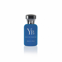 Flacon de parfum vide rond de 50 ml, personnalisé en usine, avec logo bleu doux au toucher, de haute qualité, rechargeable par sertissage, avec pulvérisateur à brume fine et boîte
