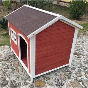 บ้านสุนัขไม้เนื้อแข็งหรูหรา SDD008 พร้อมหลังคาแอสฟัลต์ สไตล์วิลล่าคลาสสิก หน้าต่างตกแต่ง สีแดงขาว สำหรับสุนัขพันธุ์ใหญ่ - Product Image 3