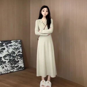 Wheat-colored Long Sleeve V-neck Sweater Dress Natural Waist Solid Color Autumn Winter Women's Inner Layer Dress - Product Image 3