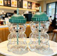 Gobelet en verre en forme d'ours avec couvercle et paille, tasse transparente pour boissons froides et cadeaux