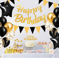 Bannière Joyeux Anniversaire Noir et Or, Drapeaux Triangulaires, Carte Enveloppe, Couronne, Décorations de Gâteau, Confettis, Ballons en Latex pour Décoration de Fête d'Anniversaire