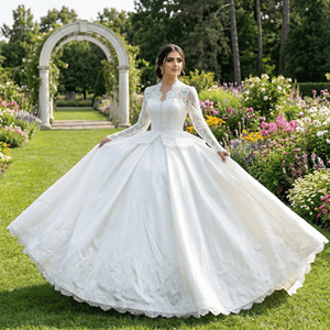 Vestidos de Novia de Lujo Lscm73, Vestidos de Novia de Satén con Mangas Largas, Apliques, Escote Corazón y Cola de Capilla - Product Image 2