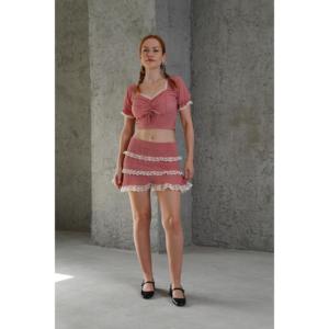 Lustrin Women's <b>Red</b> Checkered Pattern <b>Crop</b> <b>Top</b> and Mini Skirt Two-Piece Set - Stylish Polyester Blend Wholesale Outfit - Product Image 5