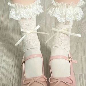 <b>Lace</b> <b>Socks</b> Mid Calf White Cotton Breathable Women's Lolita Style With Ruffles And Bows - Product Image 1