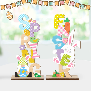 DAMAI Easter Decor Nordic INS Style Home Ornament Letter Cartoon Rabbit Wooden Craft Wood Ornament with Bunny and Letter Design - Product Image 1