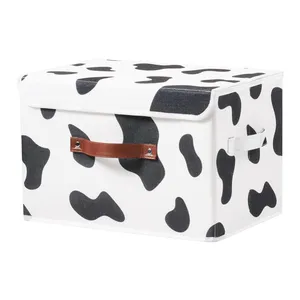 Pliable lavable à couvercle coton lin placard étagère organisateur conteneur bac de rangement avec couvercle vache imprimer