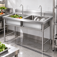 Évier de cuisine professionnel robuste à double bac en acier inoxydable 304 201, prêt à l'emploi avec robinet, pour la restauration