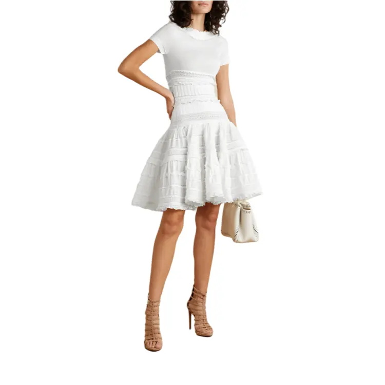 Customized Wholesale Women's Short Sleeve Flounce Pleated Elegant Mini Dress High Waist Ladies Cute White Slim Plus Size Dress