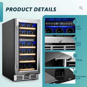 Réfrigérateur à vin Euhome 15 pouces, 33 bouteilles, double zone, avec porte vitrée, encastrable ou autoportant, en acier inoxydable - Product Image 5