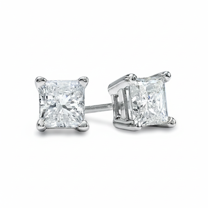 Real Princess Cut Solitaire 14Kt Solid White Gold Diamond <b>Stud</b> <b>Earrings</b> - Product Image 2