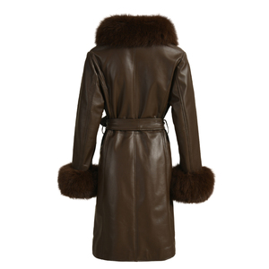 Cappotto Lungo in Vera <span class=keywords><strong>Pelle</strong></span> di Pecora per Donna, Stile <span class=keywords><strong>Trench</strong></span> con Cintura e Grande Collo in Vera Pelliccia di Volpe, Colore <span class=keywords><strong>Marrone</strong></span> - Product Image 3