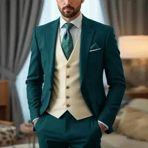 Dernières tendances en matière de costumes pour hommes, costumes 3 pièces, formels, coupe ajustée, mariage, décontractés, costumes de marié, <span class=keywords><strong>style</strong></span> classique, veste, pantalon, gilet beige - Product Image 5