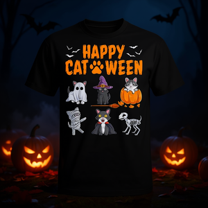 T-shirt Happy Catween Halloween, motif chaton mignon, design de costume effrayant, noir, unisexe, col rond, manches courtes - Product Image 3
