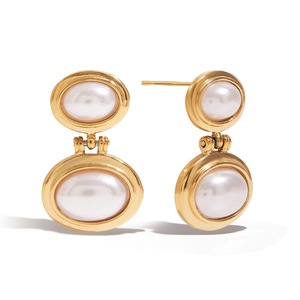 Pearl <b>Stud</b> <b>Earrings</b> 18K Gold Plated Geometric Design Bezel Setting Women's Everyday Wear - Product Image 1