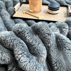 Plaid réversible 100 % polyester en velours, fausse fourrure Angora, rayé, en <span class=keywords><strong>flanelle</strong></span> polaire, motif uni, tricoté, chaud pour l'hiver - Product Image 5