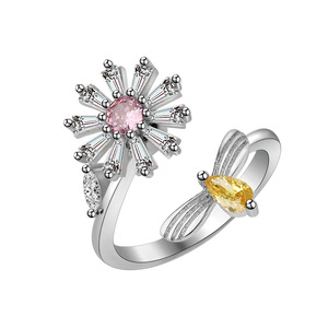 Sunflower Anxiety Spin Rings Open Adjustable Claw Set Colorful Cubic Zirconia Copper Gold Plated Flower <b>Bee</b> Jewelry For Women - Product Image 5