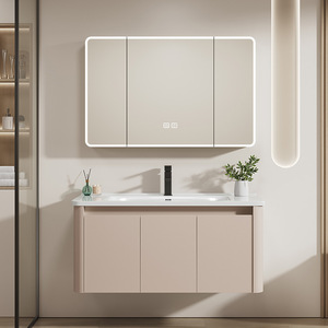 Armoire de salle de bain murale intelligente avec miroir intégré, grande capacité de rangement, style crème français - Product Image 4