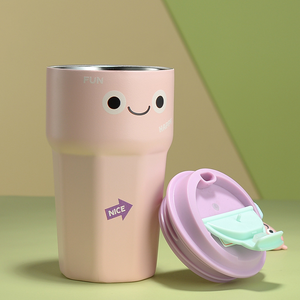Cute <strong>Kids</strong> Portable Rope Holding Stainless Steel Thermal Coffee Mug Smile Face Vacuum Cartoon Stainless Steel Cup Wholesale