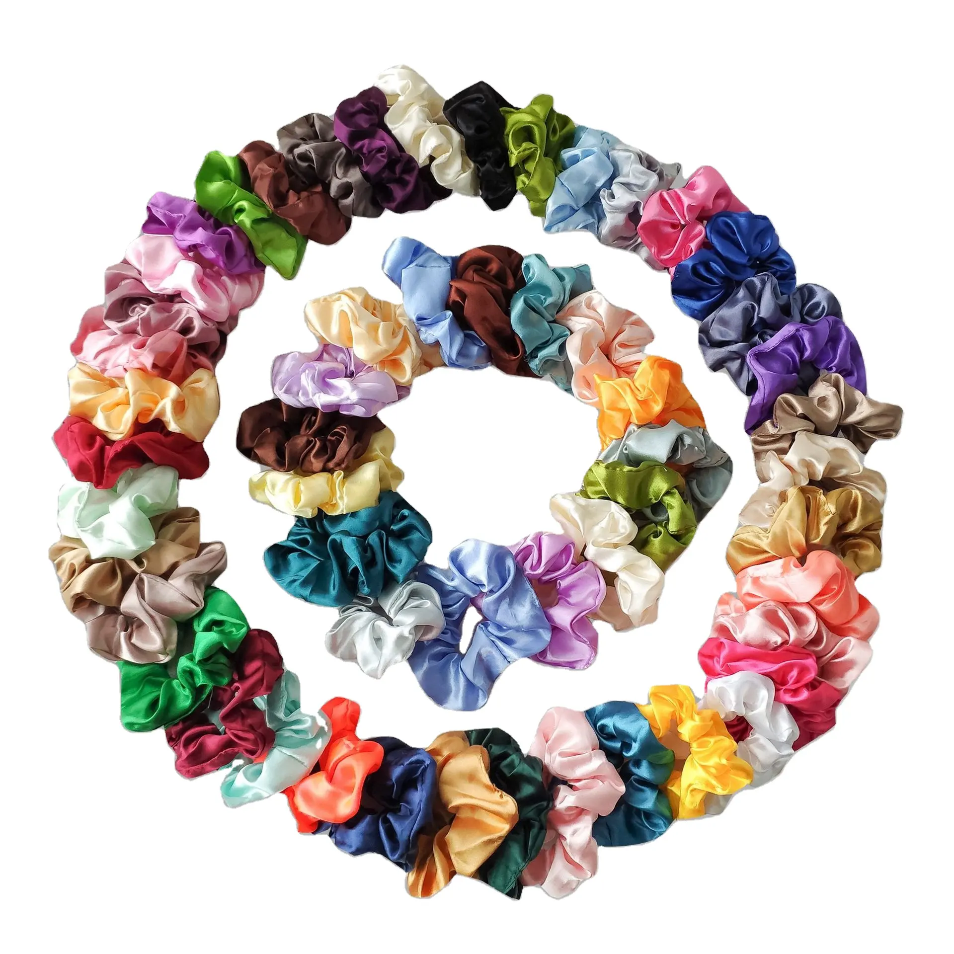 Scrunchies di seta del raso su ordinazione delle cravatte dei capelli della fascia elastica del tessuto degli accessori di colore solido delle donne all'ingrosso per le ragazze