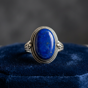 Oval Lapis Lazuli Cabochon <b>Ring</b> 925 Sterling <b>Silver</b> Vintage Beaded Border Artisan Statement Jewelry for <b>Men</b> and Women - Product Image 1
