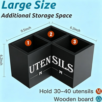 Porte-ustensiles de cuisine extra large avec 3 compartiments, support d'ustensiles d'angle pour comptoir, organisateur d'ustensiles en bois