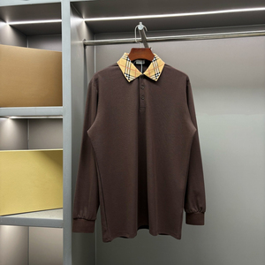 Polo piqué à manches longues et col contrastant à carreaux pour homme, coupe décontractée, style Burberry, idéal pour le quotidien - Product Image 1