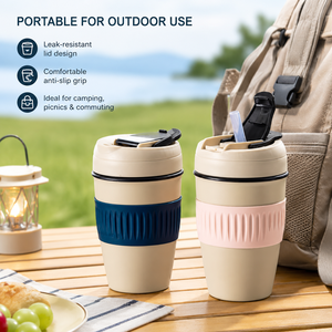 Mug à café isotherme en céramique avec couvercle et paille, capacité 301-400 ml, écologique, portable, cadeau d'affaires - Product Image 1