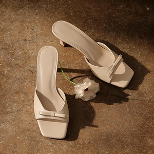Sandales à talons pour femmes, talons chaton, bout carré ouvert, mules à nœud, à enfiler, chaussures d'été élégantes pour soirée et mariage - Product Image 1