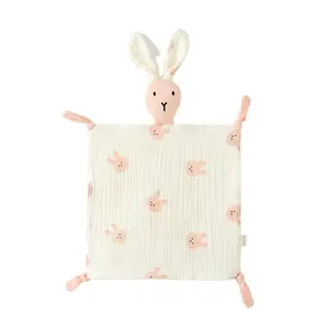 Couverture pour nouveau-né en coton bio lapin mignon animal doux avec nœud jouet de sécurité couette