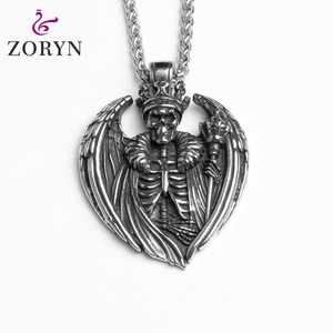 Colliers pendentifs en acier inoxydable avec ailes d'ange tombé, cœur et squelette, style gothique punk vintage, bijoux de mode en acier titane pour hommes - Product Image 4