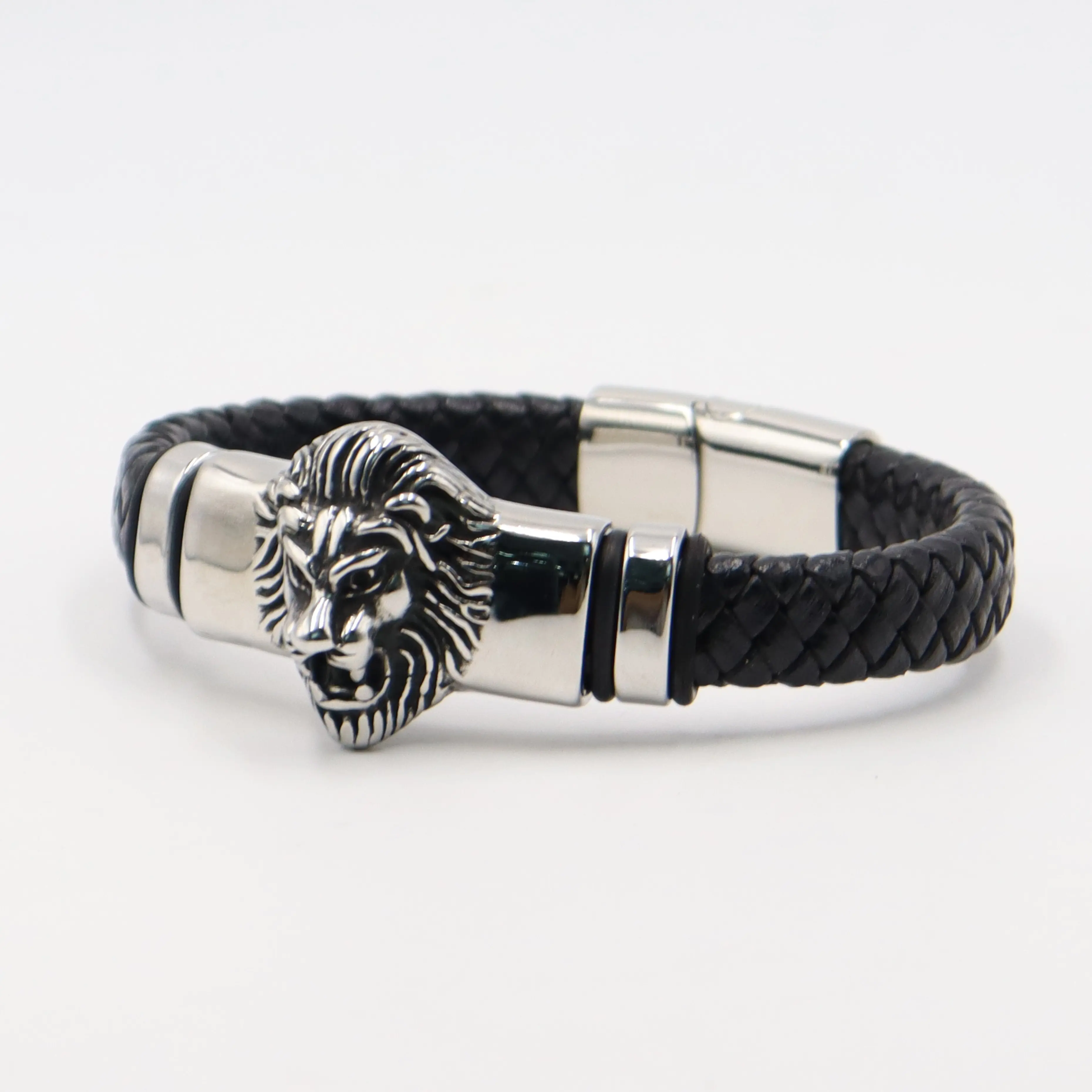 Cheap Mens Genuine Leather Bracelet Jewelry Silver Stainless Steel Wristband Black Charm Bangles Lion Head Bracelet for men boys