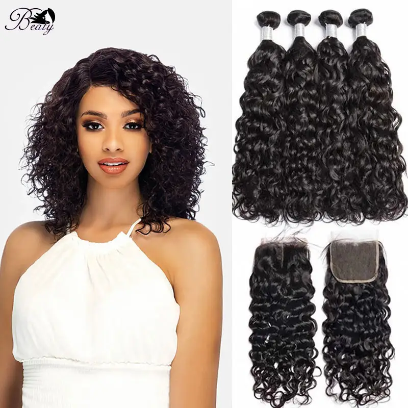 10A Water Wave Bundles Brazilian Human Hair with Closure 10 12 inch Braid Kinky Curly Hair Extension Bundle Natural Black