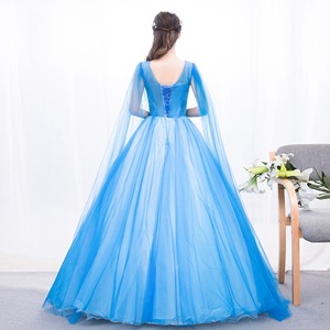 Evening Gown Royal Blue V Neck Floral Embroidery Tulle Empire Waist Formal Dress For Banquet And Annual Meeting - Product Image 4