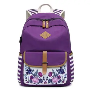 Çiçek baskı okul çantaları seyahat su geçirmez sırt çantası kızlar için USB okul sırt çantası laptop sırt çantası ile şarj portu