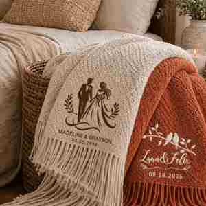 Custom Embroidered Throw <b>Blanket</b> with Names and Anniversary Date, Bobble Textured <b>Knit</b> <b>Blanket</b> with Tassel Fringe - Product Image 1