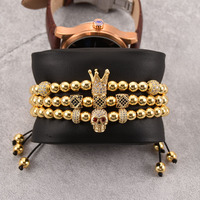 Bracelet Hip Hop 3 pièces/ensemble en or avec crâne, couronne et dés, pour homme, ensemble de bijoux tressés réglables de luxe sertis de CZ pour lui