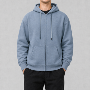 Custom <b>Black</b> Cotton Fleece Streetwear Zipper Acid Wash Distressed Men's <b>Plain</b> Blank Full Zip up <b>Hoodies</b> for Men - Product Image 2