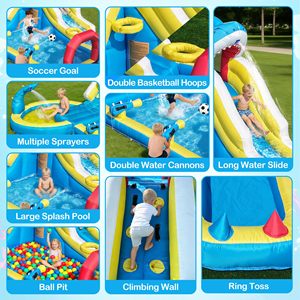 Toboggan aquatique gonflable en promotion pour enfants de 3 à 12 ans, parc aquatique de jardin avec souffleur 480W, 9-en-1, thème requin, longues glissades, but de football extérieur - Product Image 4
