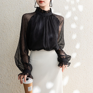 RNSHANGER blus sifon wanita polkadot, kemeja longgar Vintage kerah berdiri lengan panjang baru untuk perempuan - Product Image 1